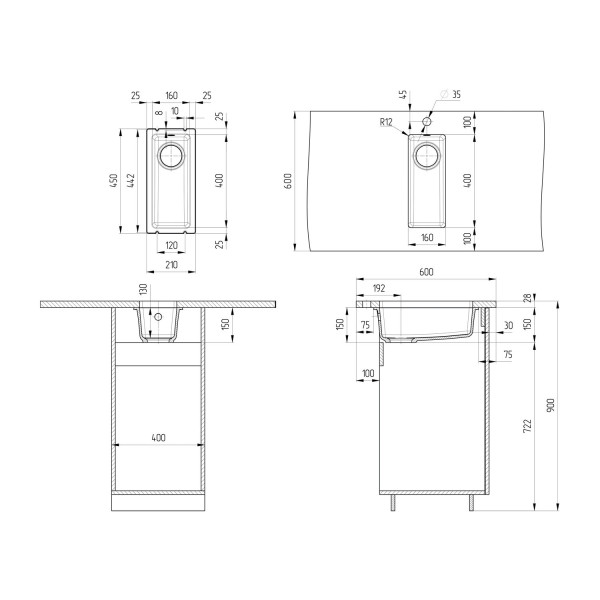 Кухонная мойка Ulgran Quartz Under 160-02, лен. Фото 2