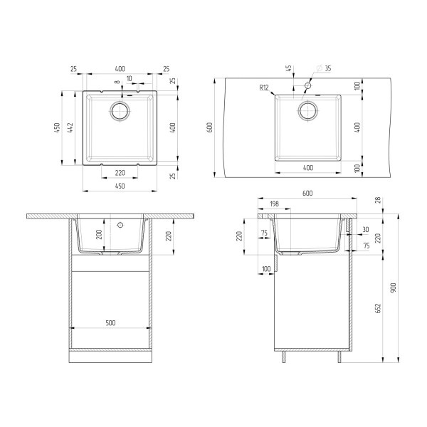 Кухонная мойка Ulgran Quartz Under 400-05, бетон. Фото 2