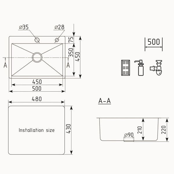 Кухонная мойка Ulgran  Steel 500x450, черная брашированная сталь. Фото 2