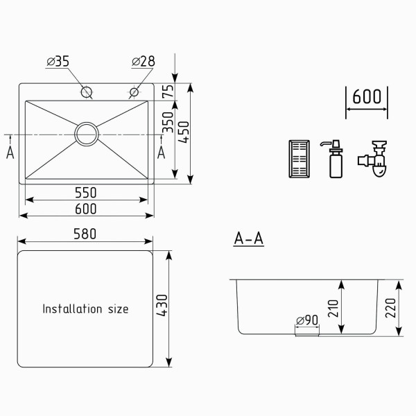 Кухонная мойка Ulgran Steel 600x450, черная брашированная сталь. Фото 2