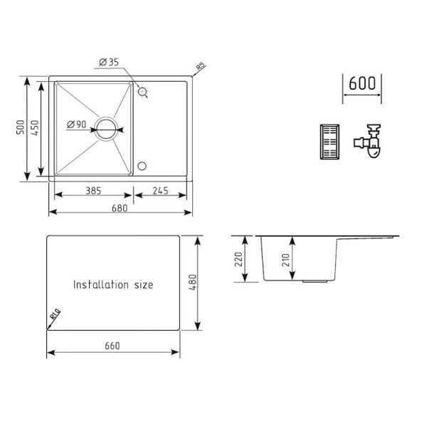 Кухонная мойка Ulgran Steel 680x500, черная брашированная сталь. Фото 2