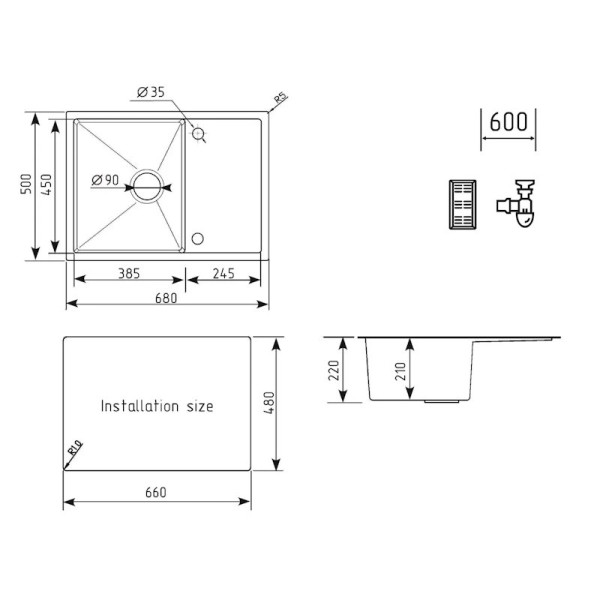 Кухонная мойка Ulgran Steel 680x500, вороненая сталь. Фото 2