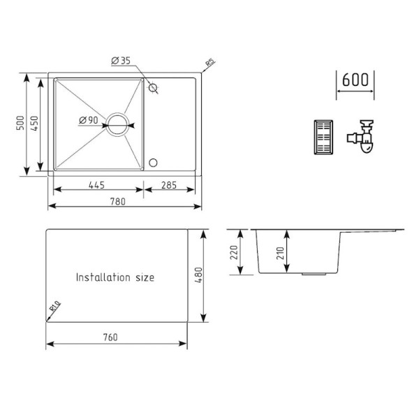 Кухонная мойка Ulgran Steel 780x500, брашированная сталь. Фото 2