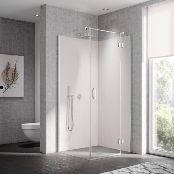 LI SNR 09020 VPK LIGA Распашная дверь с фиксированной панелью H=2000, L=900, профиль серебро/глянец+стекло прозрачное ESG с покрытием KERMIclean. Фото 1