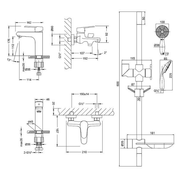 LM0380C Набор смесителей "3 в 1" (для ванны + для умывальника + душ. гарнитур), хром. Фото 5