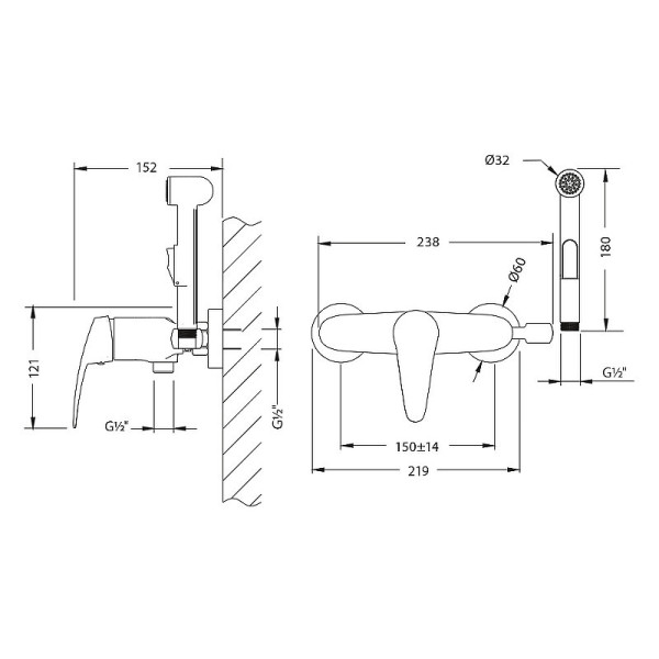 LM0418C "LINARA" Смеситель настенный с гигиеническим душем, хром. Фото 2