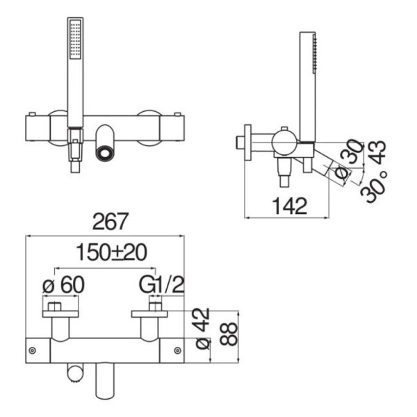 LV00010/2WM LIVE термостатический смеситель для ванны с ручным душем матовый белый. Фото 2
