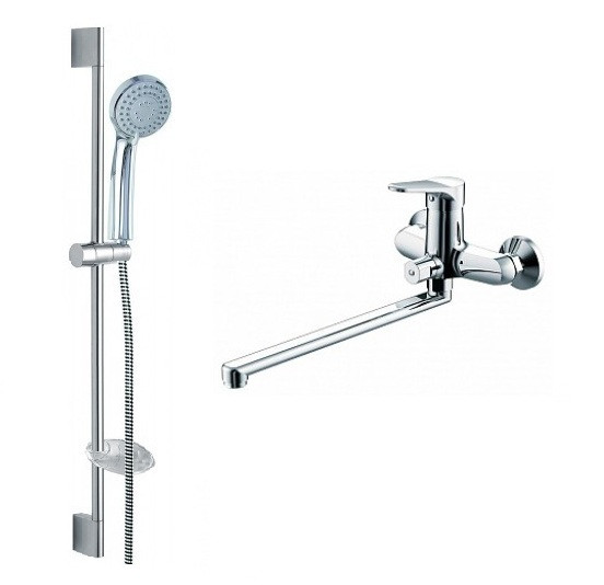 Набор для ванны Bravat Eco смеситель с длинным изливом, душевая штанга, душевая лейка Хром (F00414C). Фото 1