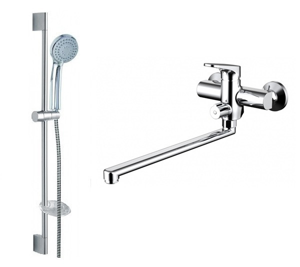 Набор для ванны Bravat Eler смеситель для ванны с длинным изливом, штанга, лейка 1 режим, шланг 1,5 м, Хром (F00449CP). Фото 1