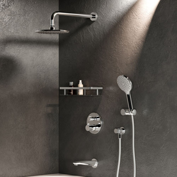 Набор: смеситель для ванны и душа с термостатом, верхний душ с держателем, излив, душевой набор и шланговое присоединение. Фото 1