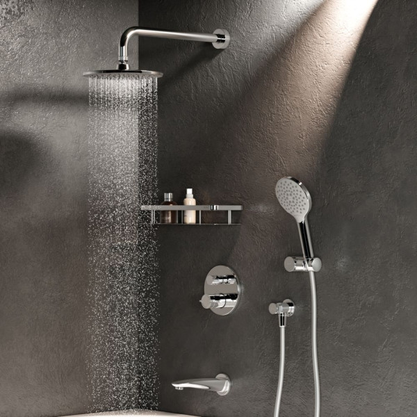 Набор: смеситель для ванны и душа с термостатом, верхний душ с держателем, излив, душевой набор и шланговое присоединение. Фото 2