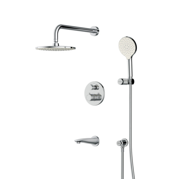 Набор: смеситель для ванны и душа с термостатом, верхний душ с держателем, излив, душевой набор и шланговое присоединение. Фото 3