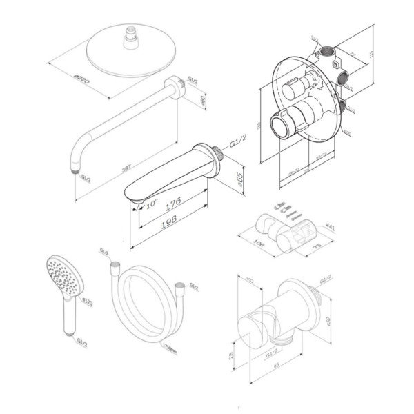 Набор: смеситель для ванны и душа с термостатом, верхний душ с держателем, излив, душевой набор и шланговое присоединение. Фото 4