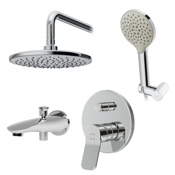 Набор: смеситель для ванны и душа, верхний душ с держателем, душевой набор и излив на ванну. Фото 3