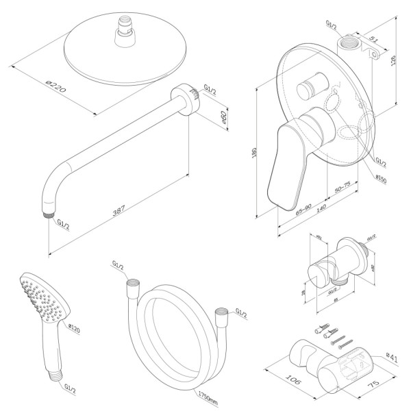 Набор: смеситель для ванны и душа, верхний душ с держателем, душевой набор и шланговое присоединение. Фото 2