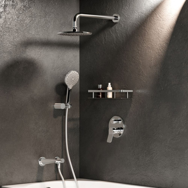 Набор: смеситель для ванны и душа, верхний душ с держателем, излив, душевой набор и шланговое присоединение. Фото 1