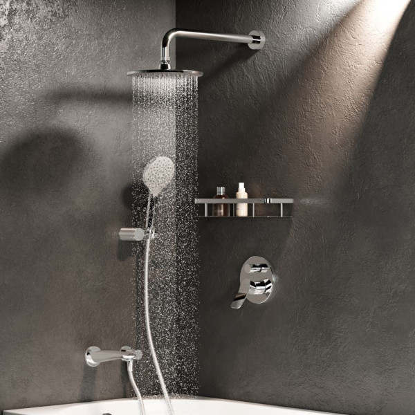 Набор: смеситель для ванны и душа, верхний душ с держателем, излив, душевой набор и шланговое присоединение. Фото 2