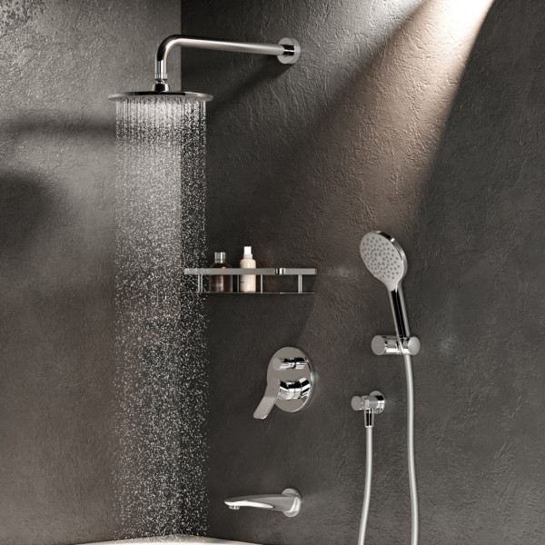 Набор: смеситель для ванны и душа, верхний душ с держателем, излив, душевой набор и шланговое присоединение. Фото 4