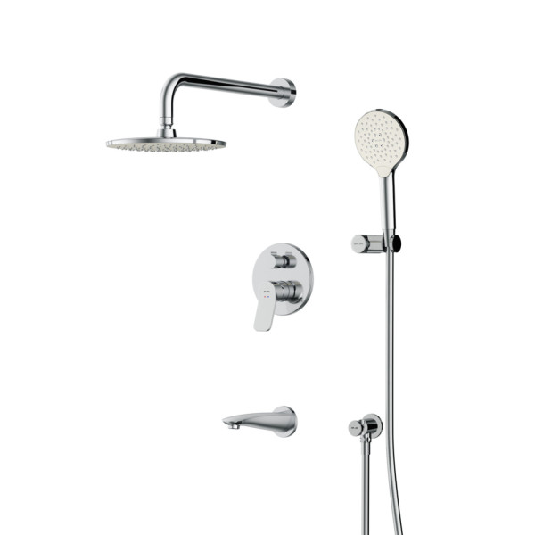 Набор: смеситель для ванны и душа, верхний душ с держателем, излив, душевой набор и шланговое присоединение. Фото 5