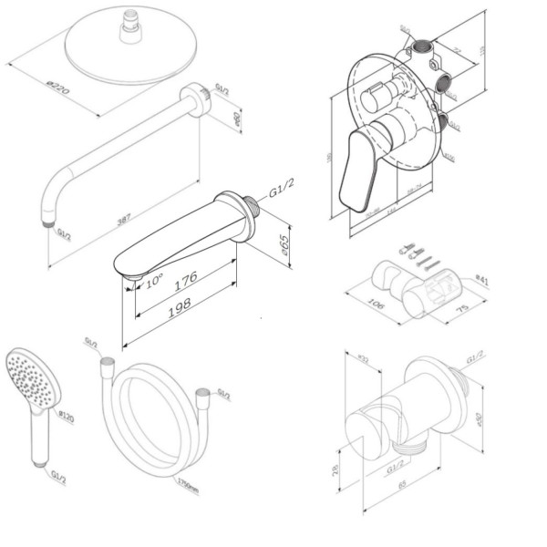 Набор: смеситель для ванны и душа, верхний душ с держателем, излив, душевой набор и шланговое присоединение. Фото 6