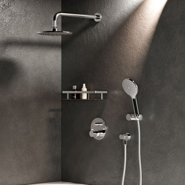 Набор: смесительс термостатом на 2 потребителя, верхний душ с держателем, душевой набор и шланговое присоединение. Фото 1
