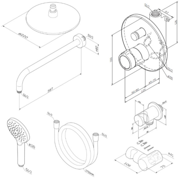 Набор: смесительс термостатом на 2 потребителя, верхний душ с держателем, душевой набор и шланговое присоединение. Фото 4