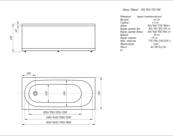 Оберон 150*70 пустая без фр. экр.. Фото 2