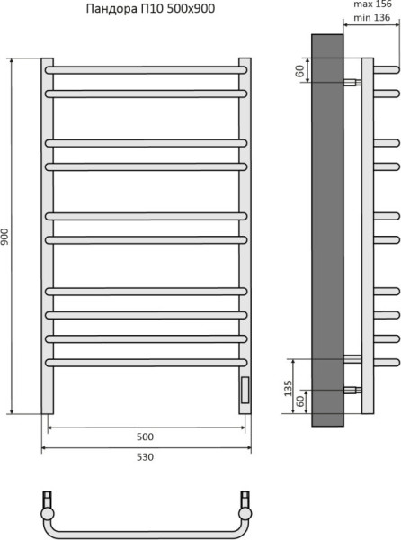 Пандора П10 500х900 электрический (quick touch) Полотенцесушитель Aquatek (черный муар). Фото 4