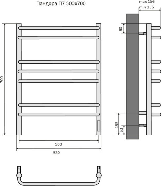 Пандора П7 500х700 электрический (quick touch) Полотенцесушитель Aquatek (черный муар). Фото 4