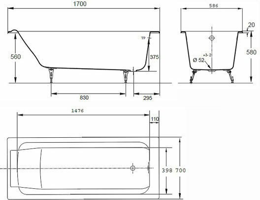 PARALLEL E2947-S-00 Ванна 170 х 70 см без отверстий для ручек БЕЗ АНТИСКОЛЬЗЯЩЕГО ПОКРЫТИЯ. Фото 2