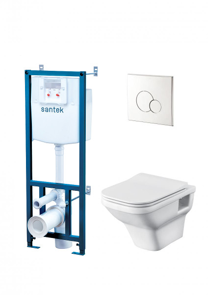 Пэк Santek Лайн подвесная чаша rimless + инсталляция + сиденье Slim, SoftClose + панель смыва хром (1.WH50.1.729). Фото 1