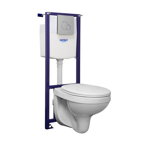 Пэк: Santeri Альфа подвесной унитаз с сиденьем + инсталляция + кнопка смыва. Фото 1