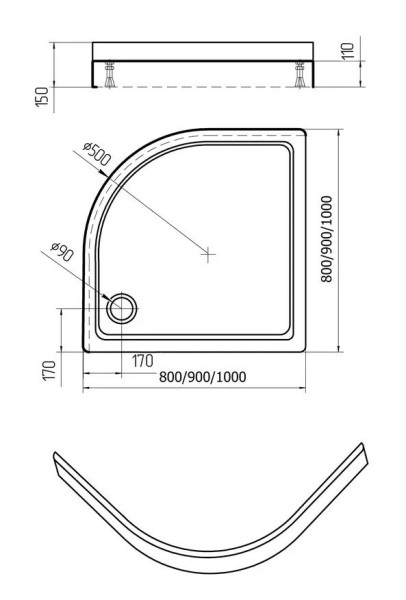 Поддон акриловый, 1/4 круга, с ножками и съемной панелью. БЕЗ СИФОНА. 100*100*15. Фото 3