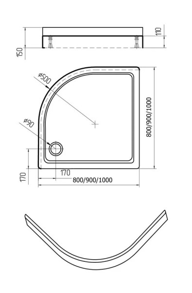 Поддон акриловый, 1/4 круга, с ножками и съемной панелью. БЕЗ СИФОНА. 90*90*15. Фото 4