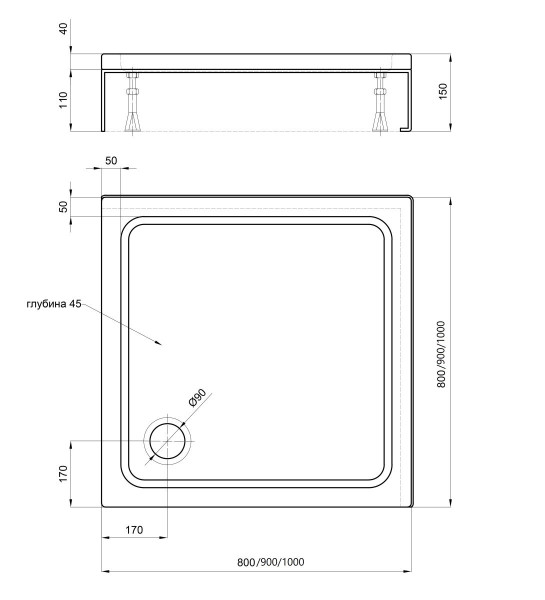 Поддон акриловый, квадрат, с ножками и съемной панелью. БЕЗ СИФОНА. 100*100*15. Фото 3