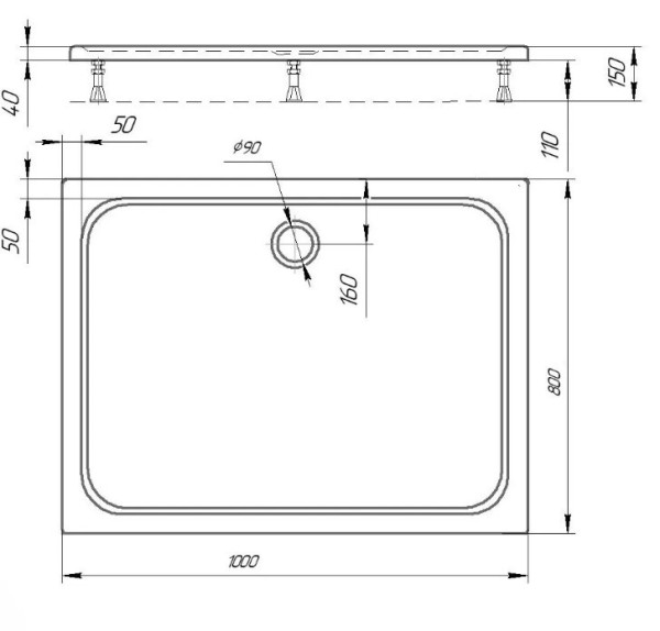 Поддон акриловый, прямоугольный, с ножками и съемной панелью. БЕЗ СИФОНА. 100*80*15. Фото 2