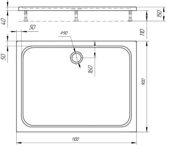 Поддон акриловый, прямоугольный, с ножками и съемной панелью. БЕЗ СИФОНА. 110*90*15. Фото 2