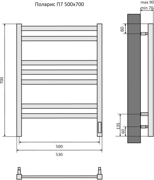 Поларис П7 500х700 электрический (quick touch) Полотенцесушитель Aquatek (черный муар). Фото 4