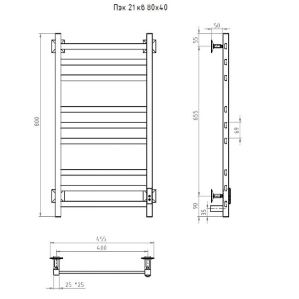 Полотенцесушитель электрический (лесенка) Тругор Пэк сп 21 кв 80х40 см, графит. Фото 2
