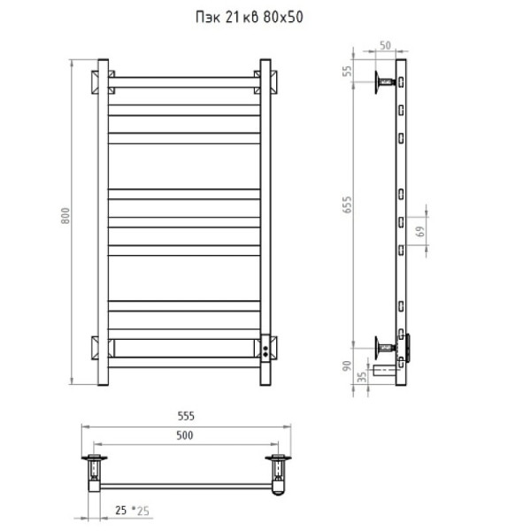 Полотенцесушитель электрический (лесенка) Тругор Пэк сп 21 кв 80х50 см, графит. Фото 2