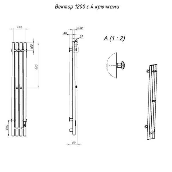 Полотенцесушитель электрический (нестандартная) Тругор Пэк сп Вектор 120х15 см, черный. Фото 2