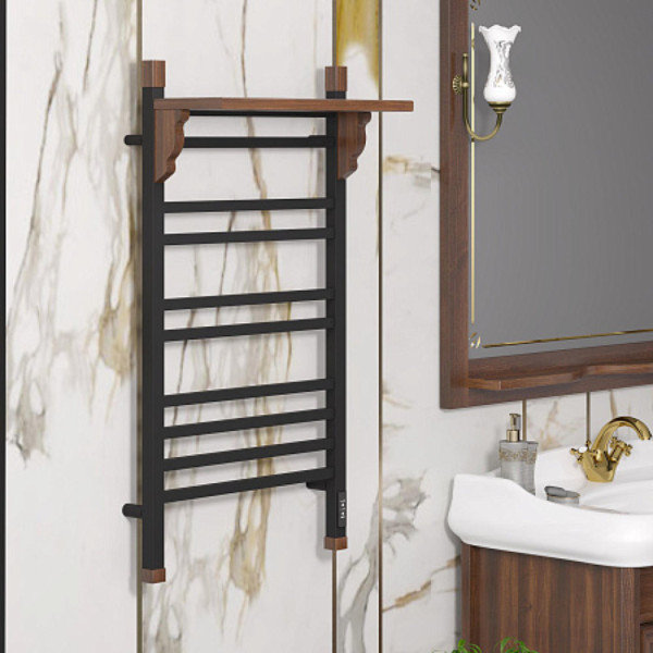 Полотенцесушитель электрический OPADIRIS Лоренцо OS41359BN с полкой, черный матовый/светлый орех. Фото 3