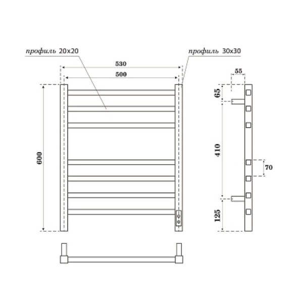 Полотенцесушитель электрический Point Вега PN71856GB П7 500x600, диммер справа, графит блеск. Фото 2