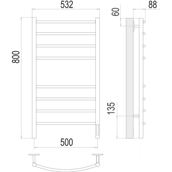 Полотенцесушитель электрический Terminus Классик П8 50х80 КС, черный муар. Фото 2