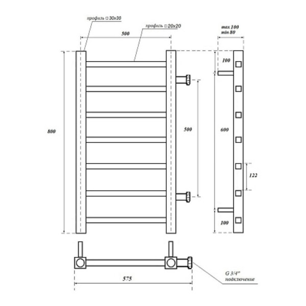 Полотенцесушитель водяной Point Вега PN71558B П7 500x800 с боковым подключением 500, черный. Фото 2