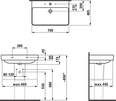 PRO S 8.1096.7.000.104.1 Раковина 700 x 465 x 95 mm, 1 отверстие для смесителя по центру, цвет белый. Фото 4