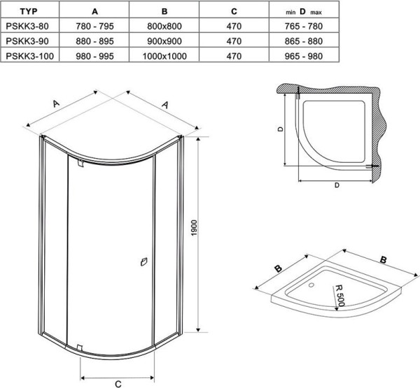 PSKK3-90 сатин + Транспарент, PIVOT душевой уголок полукруглый, 3-хэлементный. Фото 3