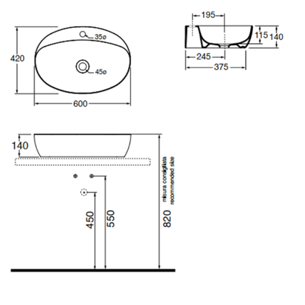 Раковина 60х42 см, 1 отв., накладная, цвет: белый. Фото 6