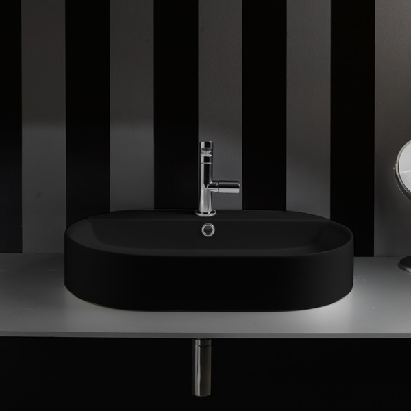 Раковина-чаша 65х40х12 см, 1 отв., с переливом, цвет: черный матовый. Фото 1