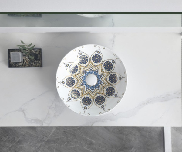 Раковина чаша Bronze de Luxe Lotos 5008, белый/синий. Фото 3